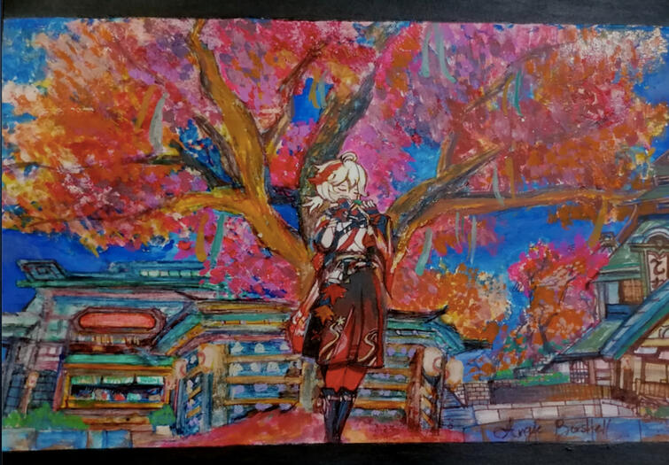 Pintura hecha a mano del samurái errante de Inazuma. Kazuha en Ritou. Videojuego: Genshin Impact. Técnica mixta; acuarela, acrílico y estilógrafo sobre papel Canson. 25CmX17.3Cm. Incluye portarretratos y barnizado.