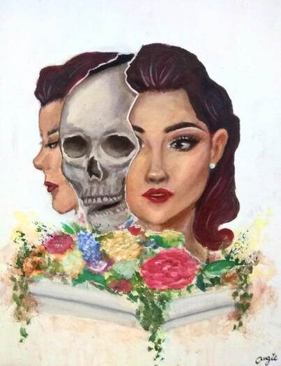 Pintura hecha a mano, escultura de Calavera. Me inspiré de la escultura "Death Visceration" de Taiji Taomote. Técnica de acrílico sobre lienzo. 50.5cmX43cm.