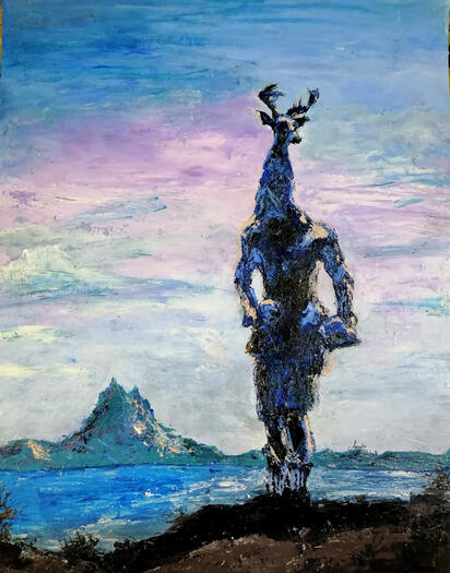 Pintura hecha a mano de silueta. Danza del Venado. Pintura de acrílico sobre Chipboard/Cartón duro. Técnica de Espátula. 56CmX71Cm. Uno de los íconos culturales que representan al Estado de Sonora; De origen prehispánico, La Danza del Venado.