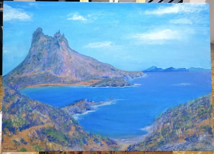 Pintura hecha a mano desde la vista del Mirador Escénico de San Carlos. Técnica de acrílico sobre lienzo. 50CmX70Cm. Fue considerado por National Geographic como "La Mejor Vista del Mar" a nivel mundial. Apreciando el paisaje del Mar de Cortés, y alguno de